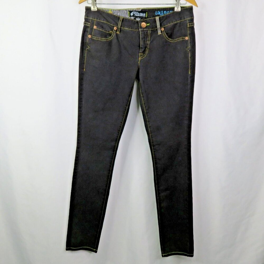 Volcom Skinny Jeans Black Brown Pinstripe Size 9 Straight Leg Logo